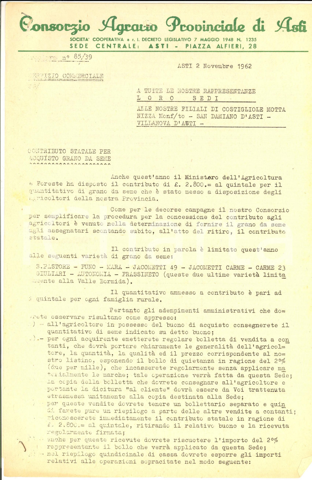Manoscritto, lettera originale 1962 ASTI Consorzio Agrario Provinciale  Contributo per acquisto grano da seme 1