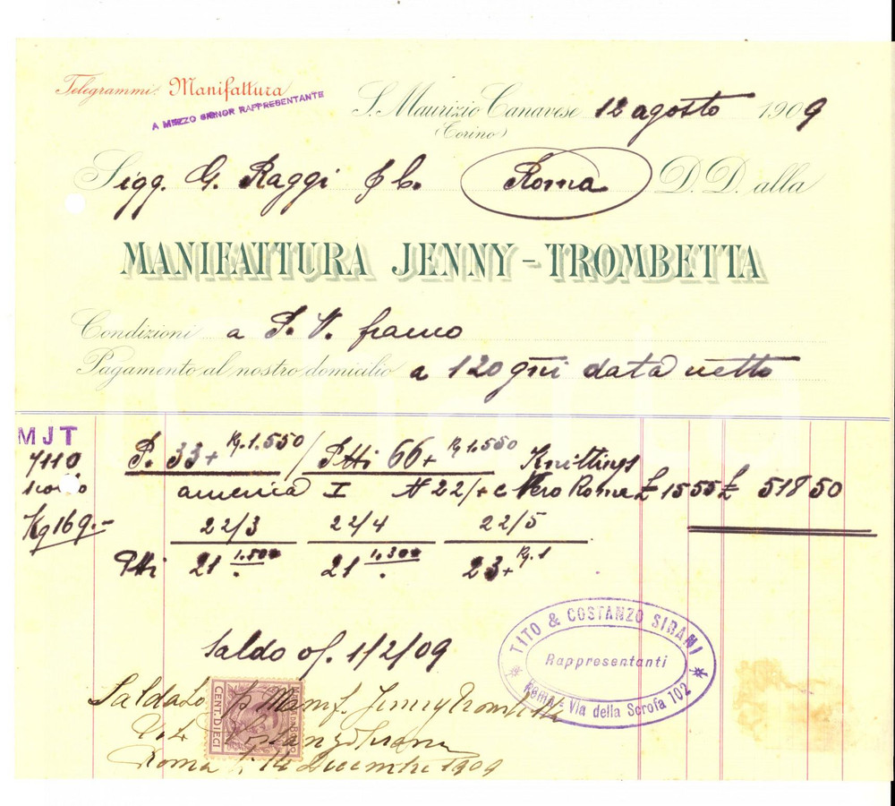 Documento originale, autentico 1909 SAN MAURIZIO CANAVESE TO Manifattura JENNYTROMBETTA Fattura manoscritta 1