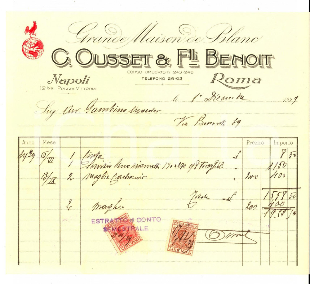 Documento originale, autentico 1929 ROMA G. OUSSET & F.LLI BENOIT  Biancheria Fattura per servizio ricamato 1