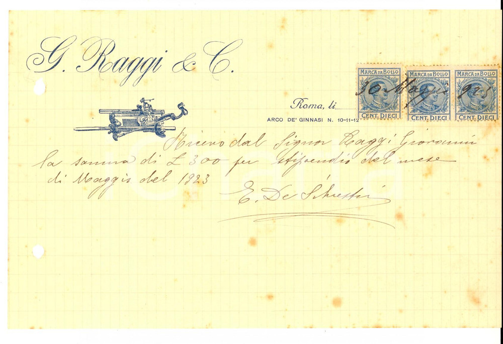 Documento originale, autentico 1923 ROMA Ditta G. RAGGI & C. Stipendio dipendente DE SILVESTRI Ricevuta 1