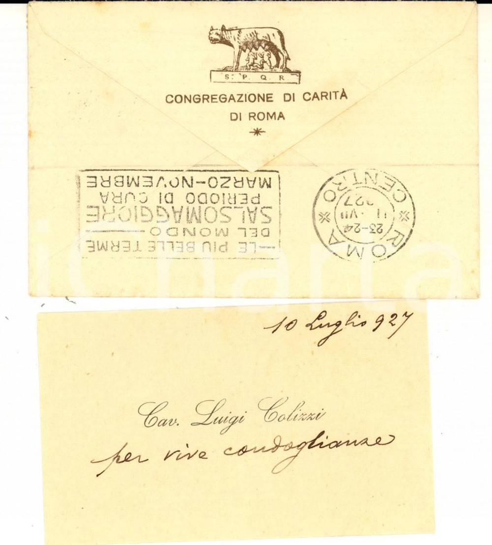 Autografo originale 1927 ROMA Cav. Luigi COLIZZI  Congregazione di CaritÃ  Biglietto AUTOGRAFO 1