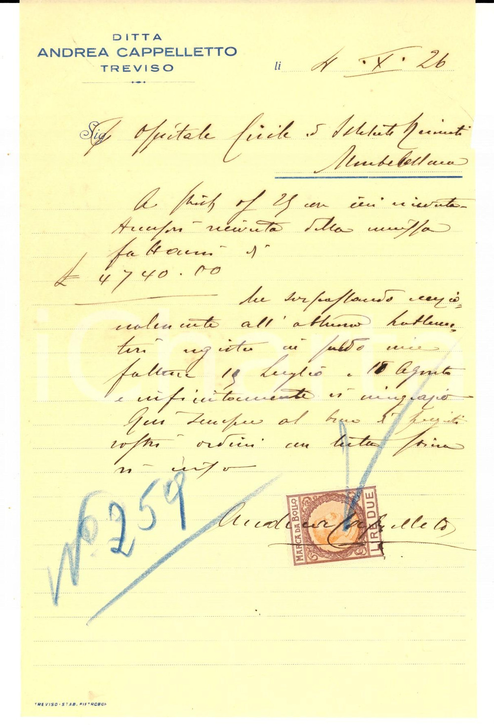 Documento originale, autentico 1926 TREVISO Ditta Andrea CAPPELLETTO Ricevuta manoscritta su carta intestata 1