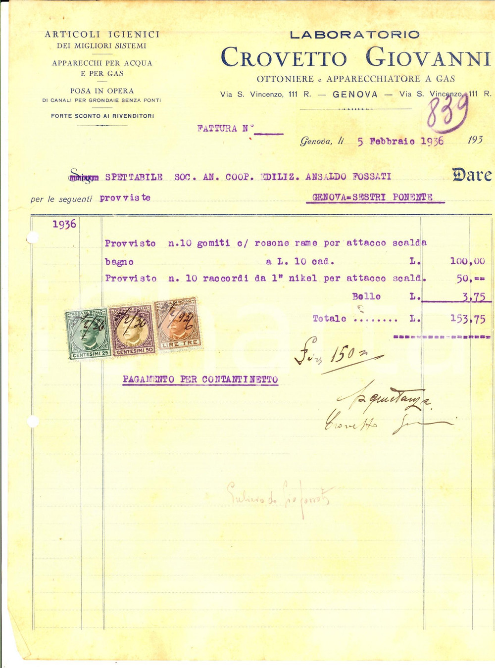 Documento originale, autentico 1936 GENOVA Laboratorio Giovanni CROVETTO Ottoniere e apparecchiatore a gas 1