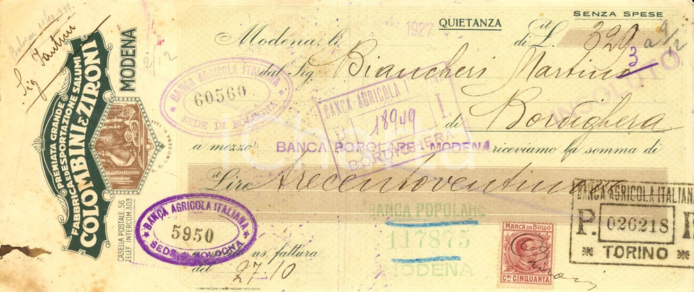 Oggetto da collezione cartaceo 1927 MODENA Ditta COLOMBINI & ZIRONI  Esportazione salumi Ricevuta intestata 1