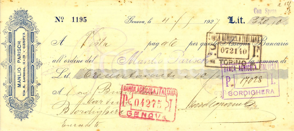 Oggetto da collezione cartaceo 1927 GENOVA Ditta MANLIO PARISCH Assegno timbro Banca AGRICOLA ITALIANA 1