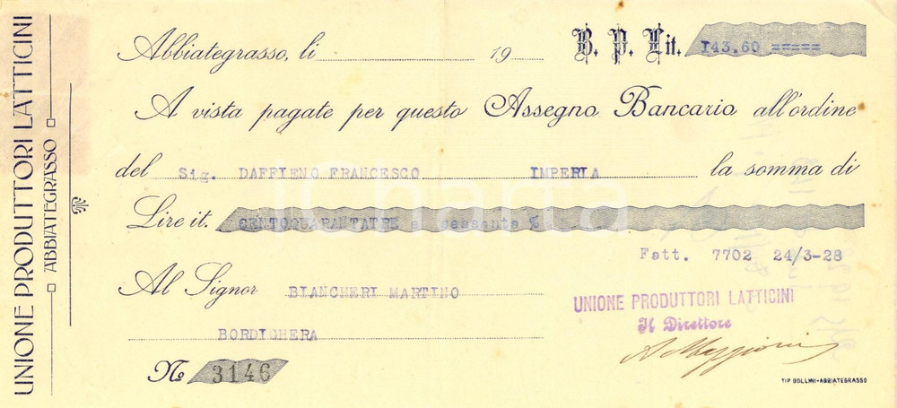 Oggetto da collezione cartaceo 1928 ABBIATEGRASSO Unione Produttori Lattivini Assegno bancario pubblicitario 1