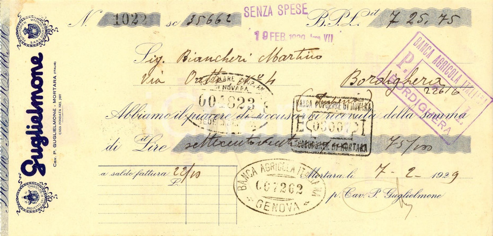 Oggetto da collezione cartaceo 1929 MORTARA PV Ditta GUGLIELMONE  Biscotti e panettoni Ricevuta intestata 1