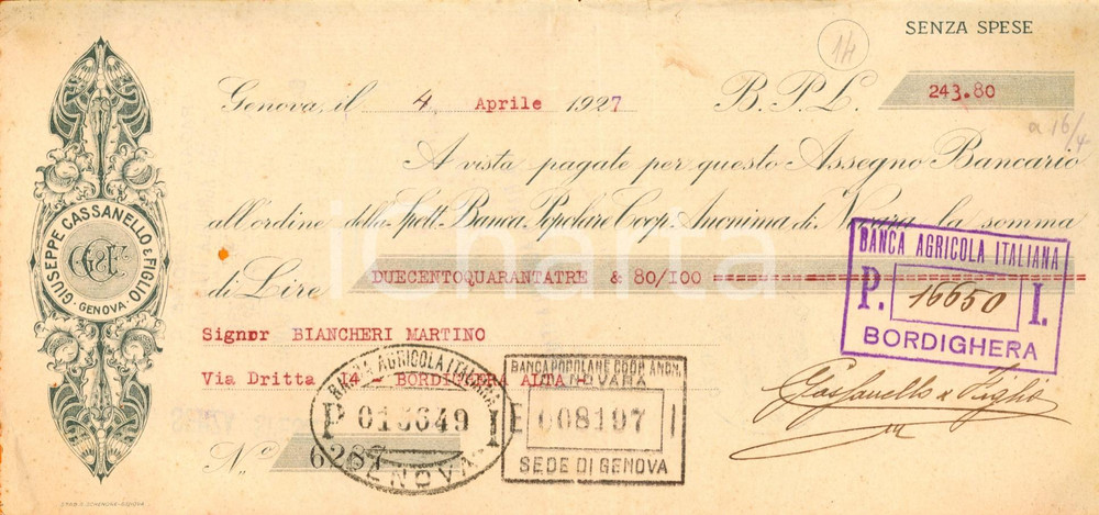 Oggetto da collezione cartaceo 1927 GENOVA Giuseppe CASSANELLO & FIGLIO Assegno timbro Banca AGRICOLA ITALIANA 1