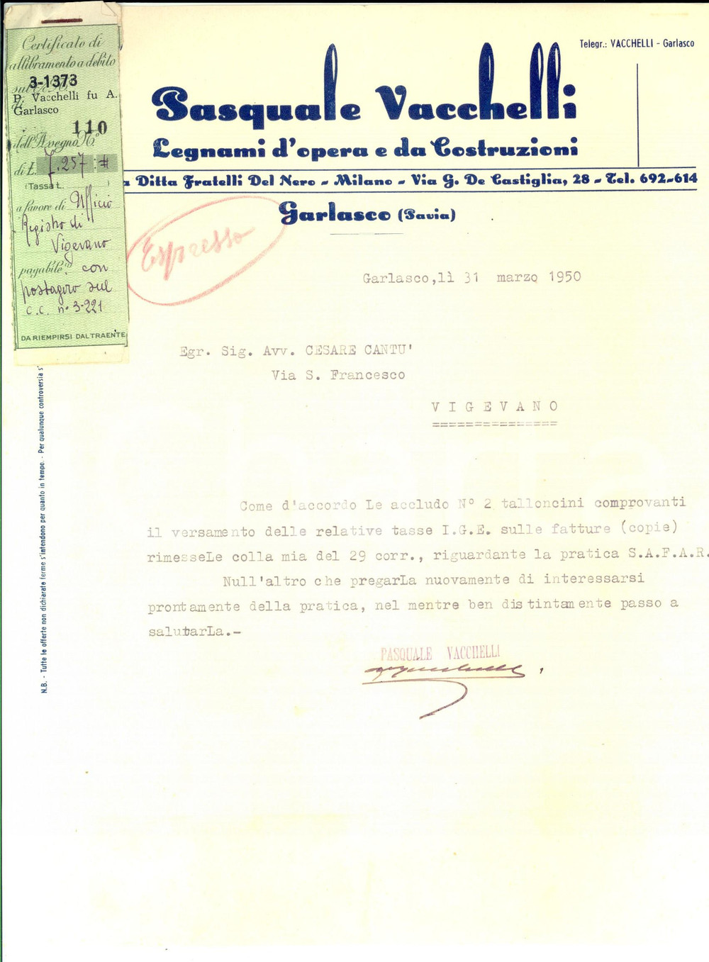 Manoscritto, lettera originale 1950 GARLASCO PV Pasquale VACCHELLI Legnami d opera Lettera carta intestata 1