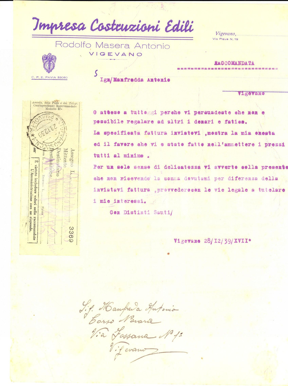 Manoscritto, lettera originale 1939 VIGEVANO PV Impresa Costruzioni Edili Rodolfo MASERA Lettera 1