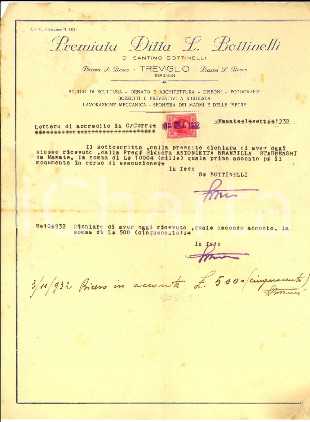 Documento originale, autentico 1932 TREVIGLIO BG Premiata ditta L. BOTTINELLI Scultura e marmi Ricevuta 1