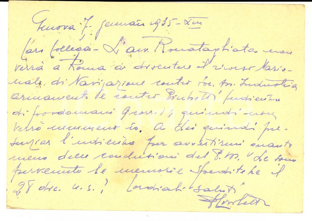 Autografo originale 1935 GENOVA Avv. Placido CIVILETTI su un ricorso legale Cartolina AUTOGRAFA 1