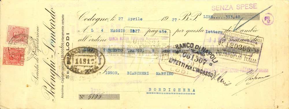 Oggetto da collezione cartaceo 1927 LODI SocietÃ  di esportazione POLENGHILOMBARDI Cambiale pubblicitaria 1