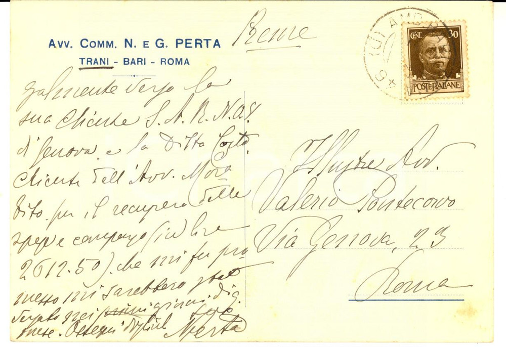 Autografo originale 1933 TRANI Avv. Nicola PERTA avvia azione legale pro cliente Autografo 1