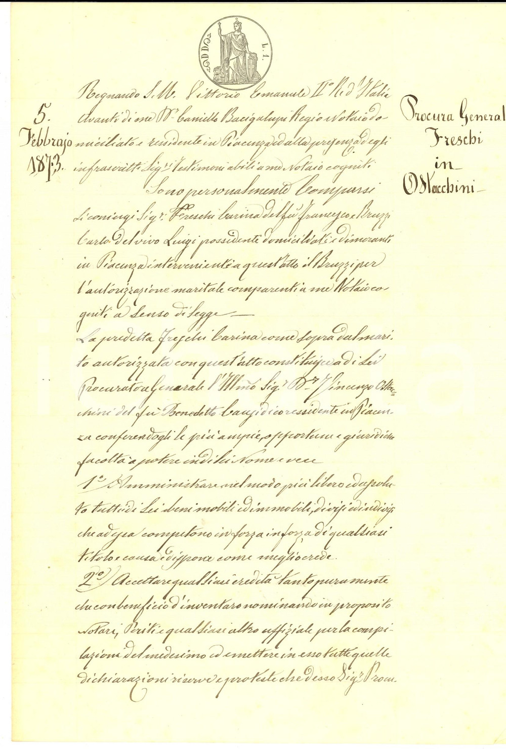 Documento originale, autentico 1873 PIACENZA Procura di Carina FRESCHI a Vincenzo OSTACCHINI Manoscritto 1
