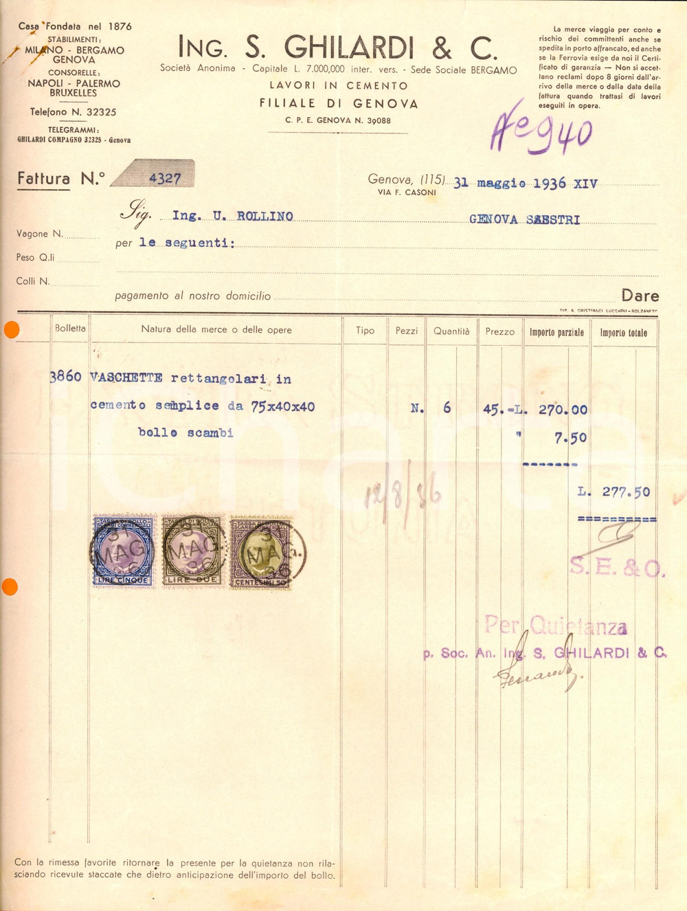 Documento originale, autentico 1936 GENOVA SocietÃ  Anonima ING. GHILARDI  Lavori in cemento Fattura 1