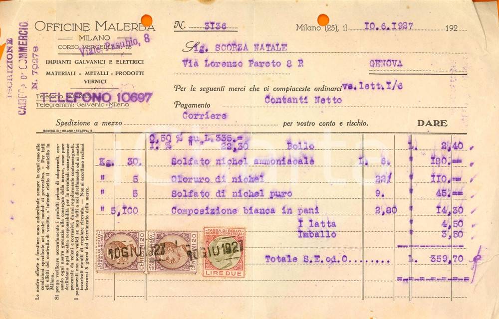 Documento originale, autentico 1927 MILANO Officine MALERBA  Impianti galvanici e vernici Fattura intestata 1