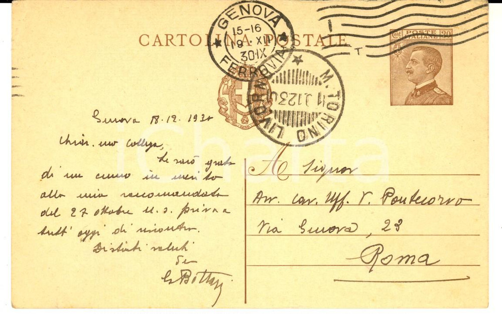 Autografo originale 1930 GENOVA Cartolina avv. Giovanni BOTTAZZI a Valerio PONTECORVO Autografo 1