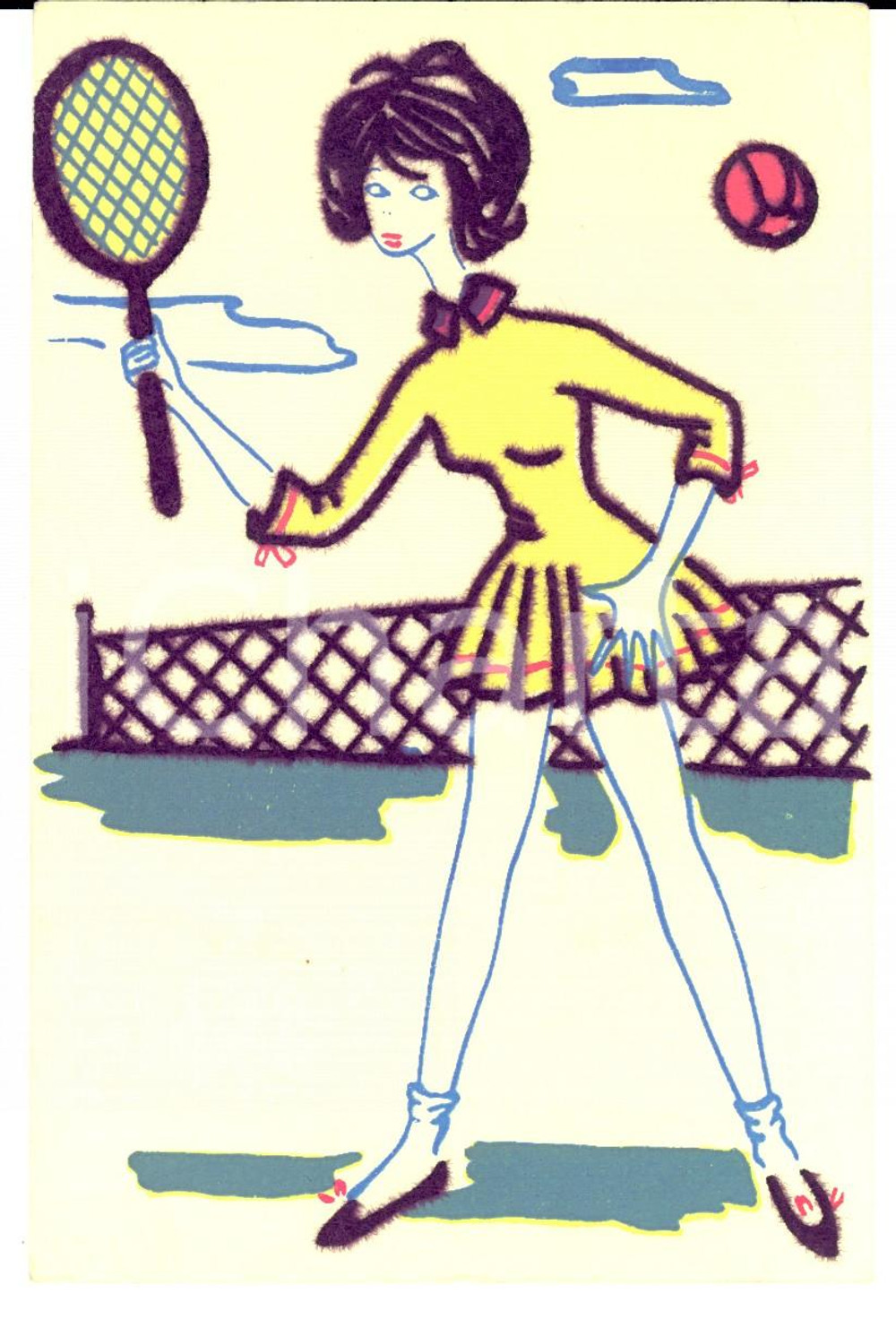 Cartolina originale da collezione 1970 ca Una bella tennista in azione Cartolina postale VINTAGE RICAMATA 1