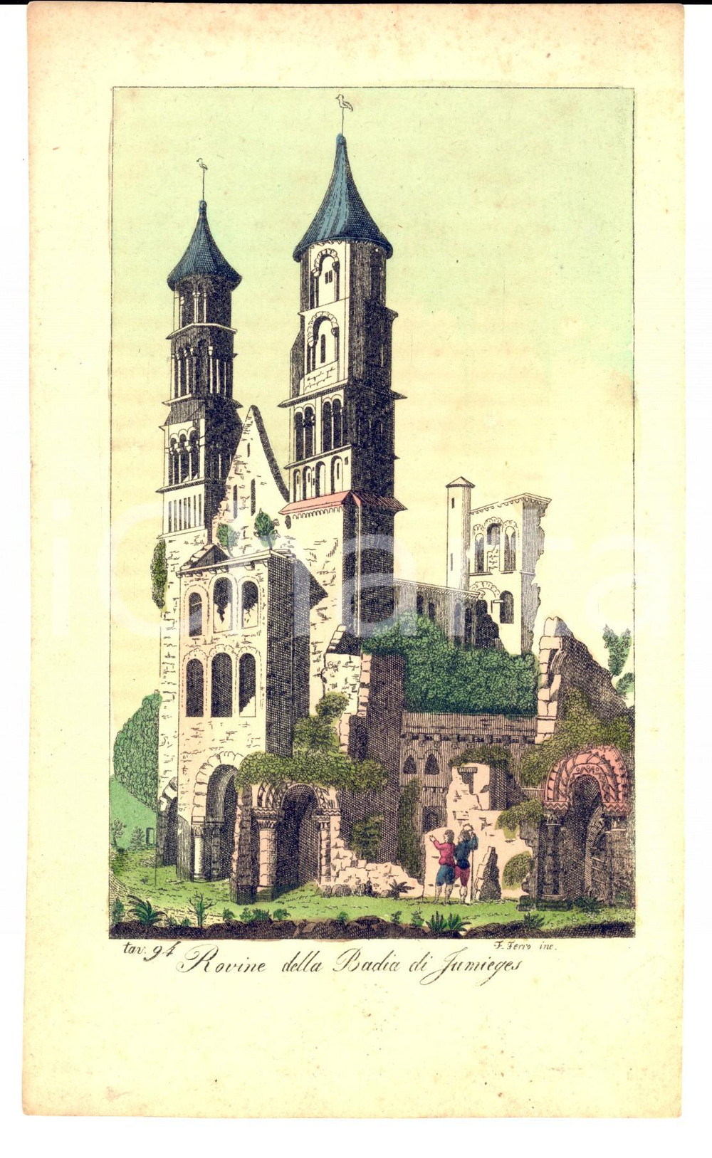 Stampa, bozzetto originale 1830 COSTUME EUROPEO Rovine della badia di JumiÃ¨ges Inc. F. FERRO Acquerellata 1