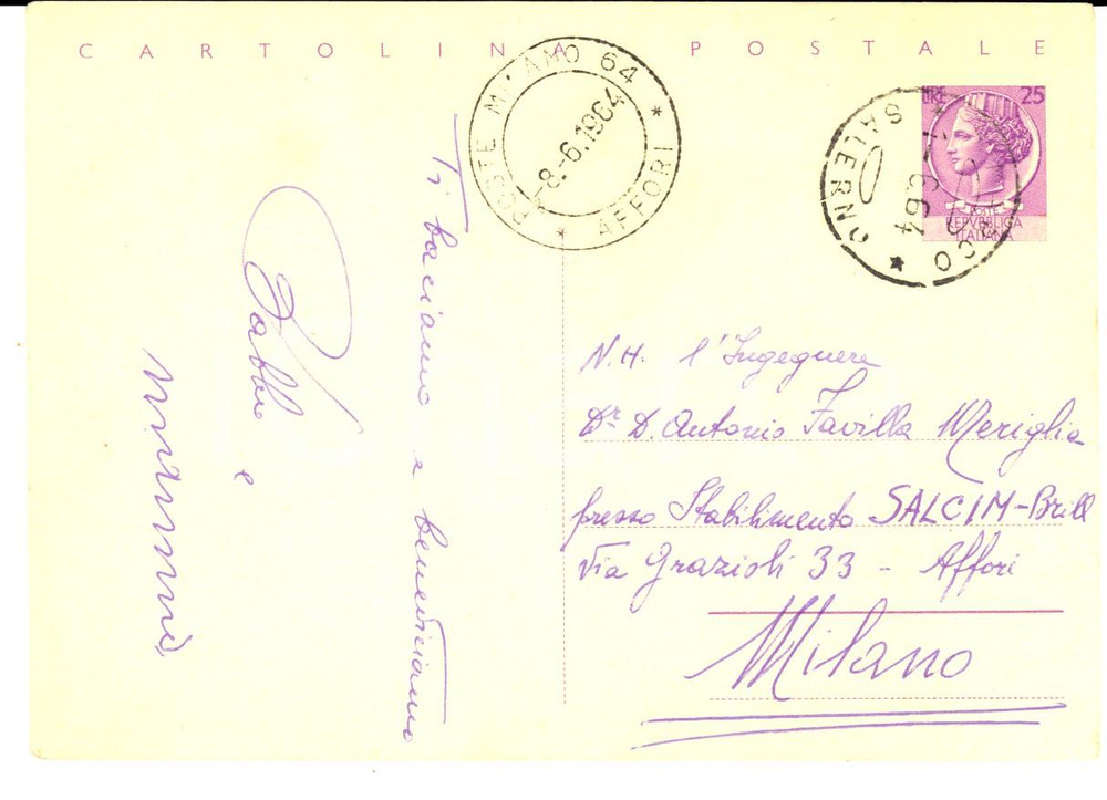 Manoscritto, lettera originale 1964 SAN MARCO SA Cartolina nobile Francesco FAVILLA MERIGLIA al figlio 1