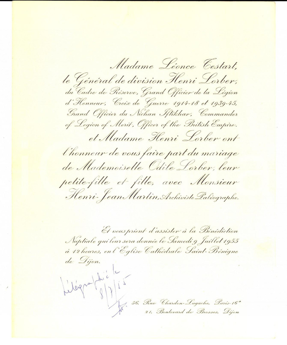 Documento originale, autentico 1955 DIJON F Nozze tra Odile LORBER ed HenriJean MARTIN Partecipazione 1