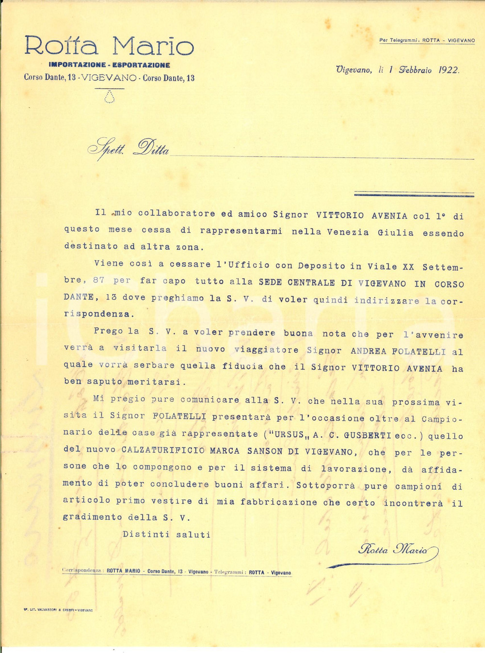 Manoscritto, lettera originale 1922 VIGEVANO Ditta Mario ROTTA su rappresentante calzature Andrea FOLATELLI 1