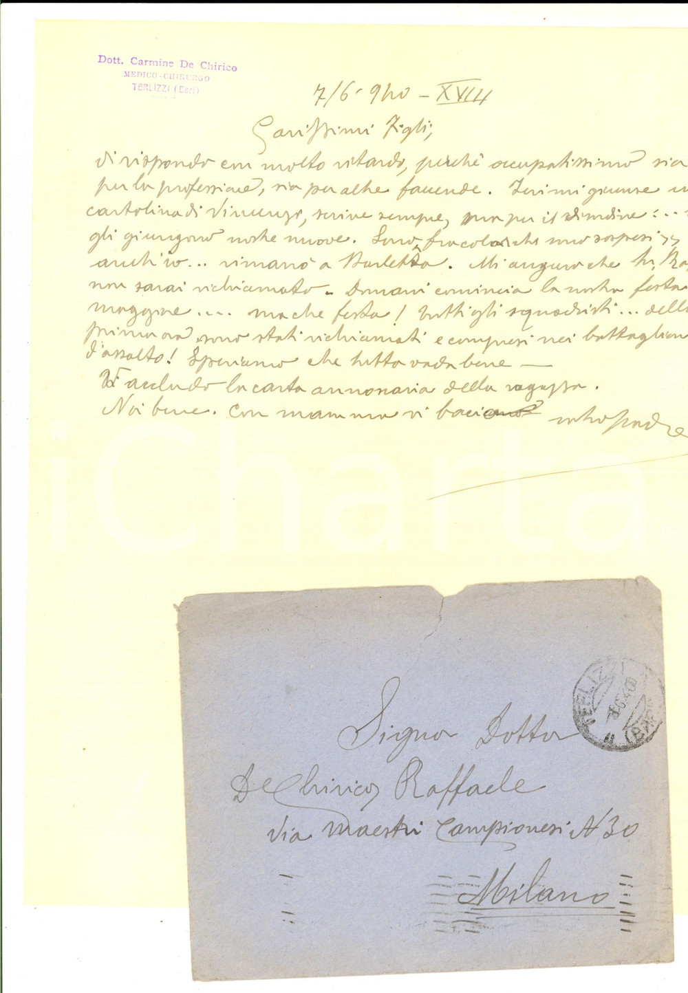 Manoscritto, lettera originale 1940 TERLIZZI BA Carmine DE CHIRICO sul richiamo degli squadristi Lettera 1