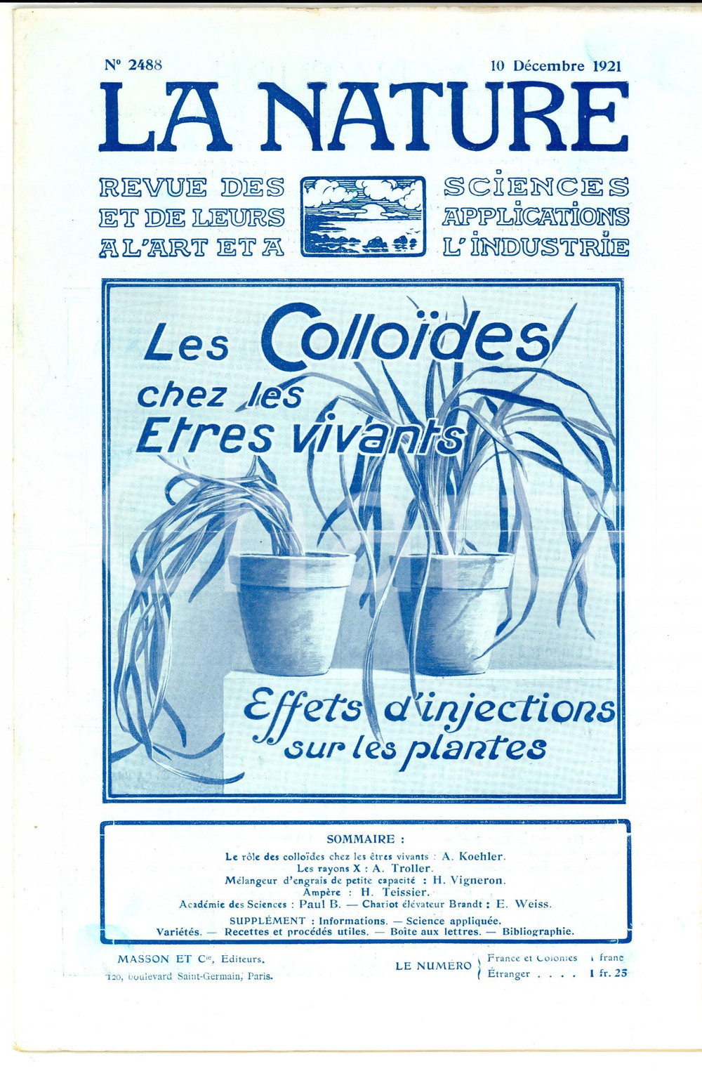Giornale, rivista storica 1921 LA NATURE Les colloides chez les Ãªtres vivants Revue ILLUSTREE nÂ° 2488 1