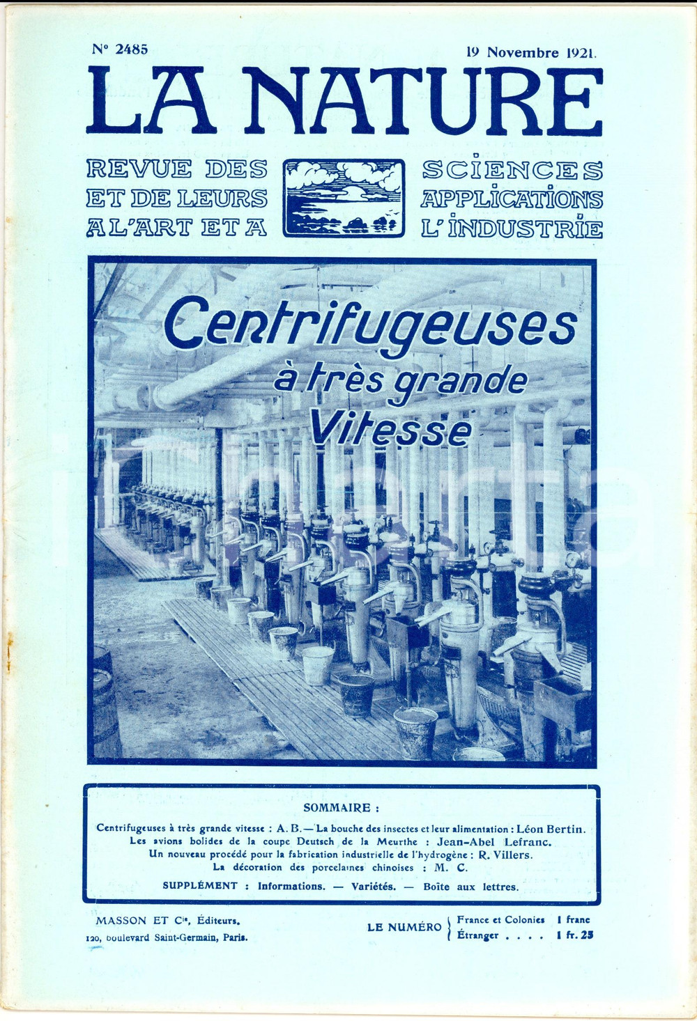 Giornale, rivista storica 1921 LA NATURE Centrifugeuses Ã  grande vitesse Revue ILLUSTREE nÂ° 2485 1