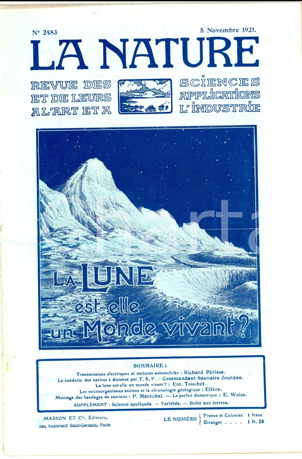 Giornale, rivista storica 1921 LA NATURE La Lune estelle un monde vivant? Revue ILLUSTREE nÂ° 2483 1
