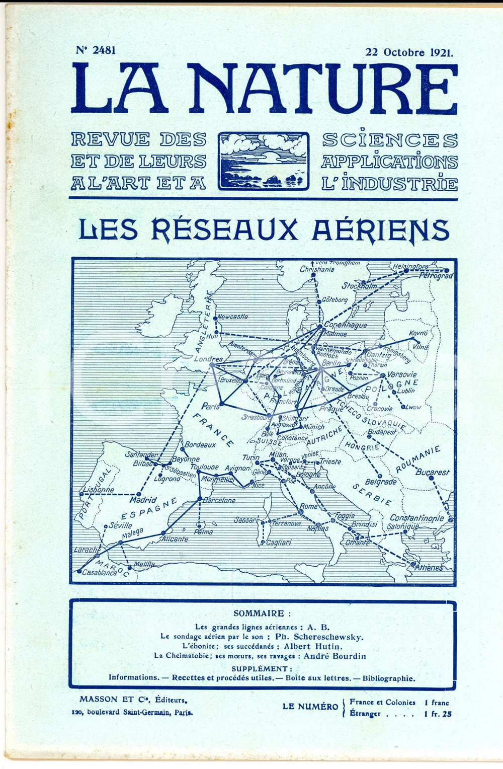 Giornale, rivista storica 1921 LA NATURE Les rÃ©seaux aÃ©riens Revue ILLUSTREE SCIENCE nÂ° 2481 1