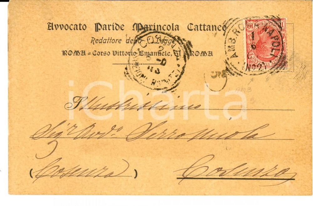Autografo originale 1907 ROMA Paride MARINCOLA CATTANEO redattore della Legge Cartolina autografa 1