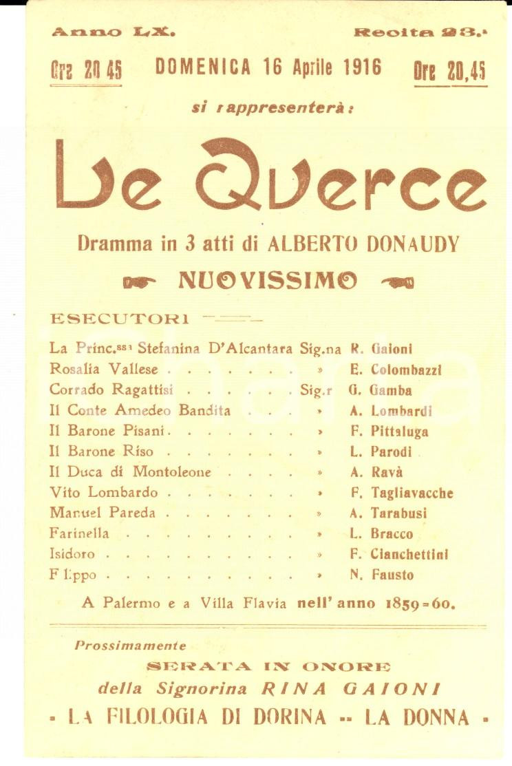 Materiale pubblicitario d’epoca 1916 TEATRO PALERMO Villa Flavia  Le querce con Rina GAIONI Pubblicitario 1