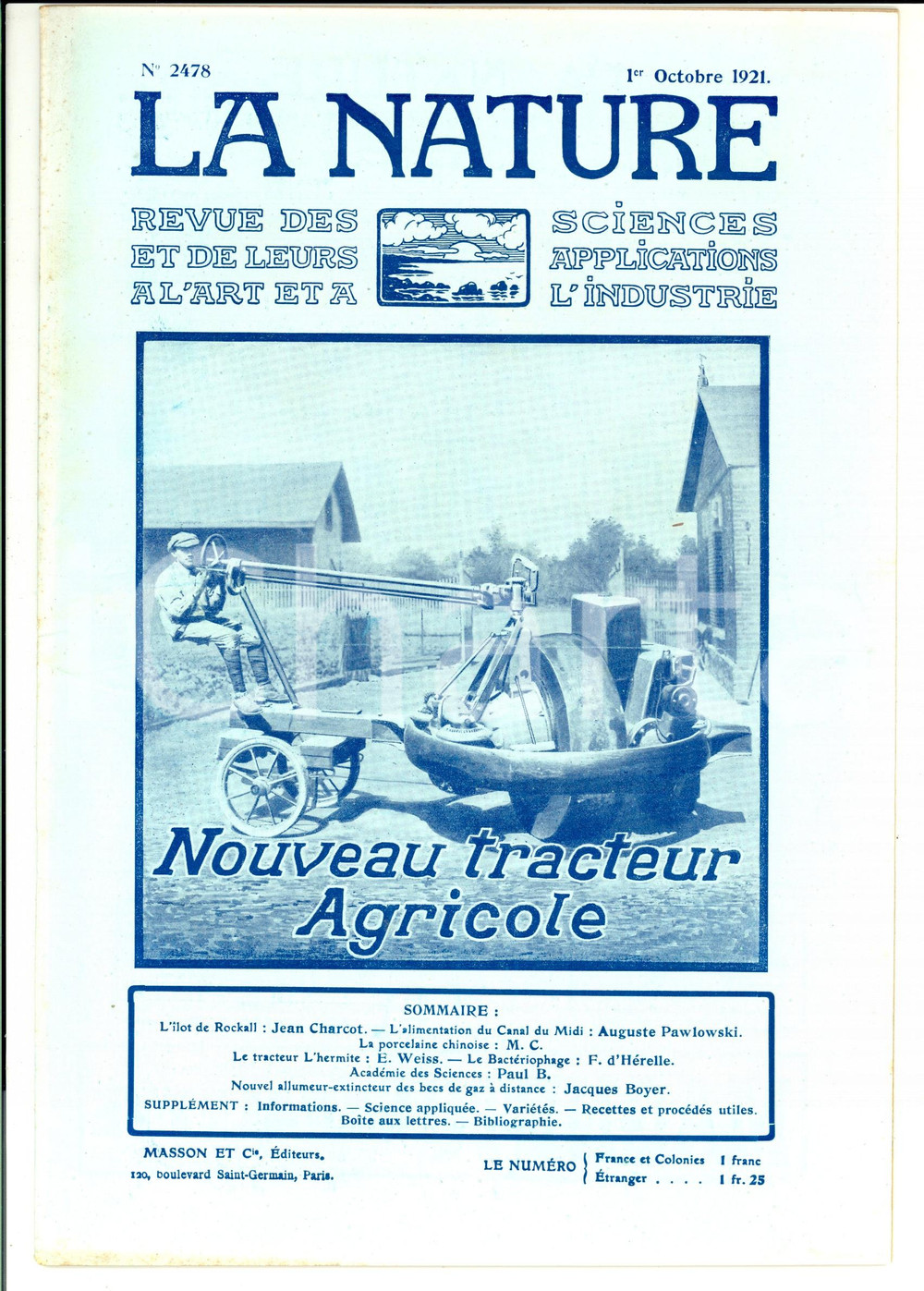 Giornale, rivista storica 1921 LA NATURE Nouveau tracteur agricole L HERMITE Revue ILLUSTREE nÂ° 2478 1