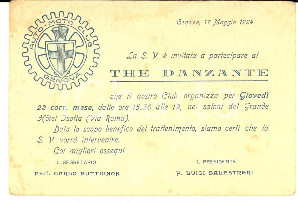 Oggetto da collezione cartaceo 1924 GENOVA AUTOMOTO CLUB Invito a the danzante benefico DANNEGGIATO 13x9 1