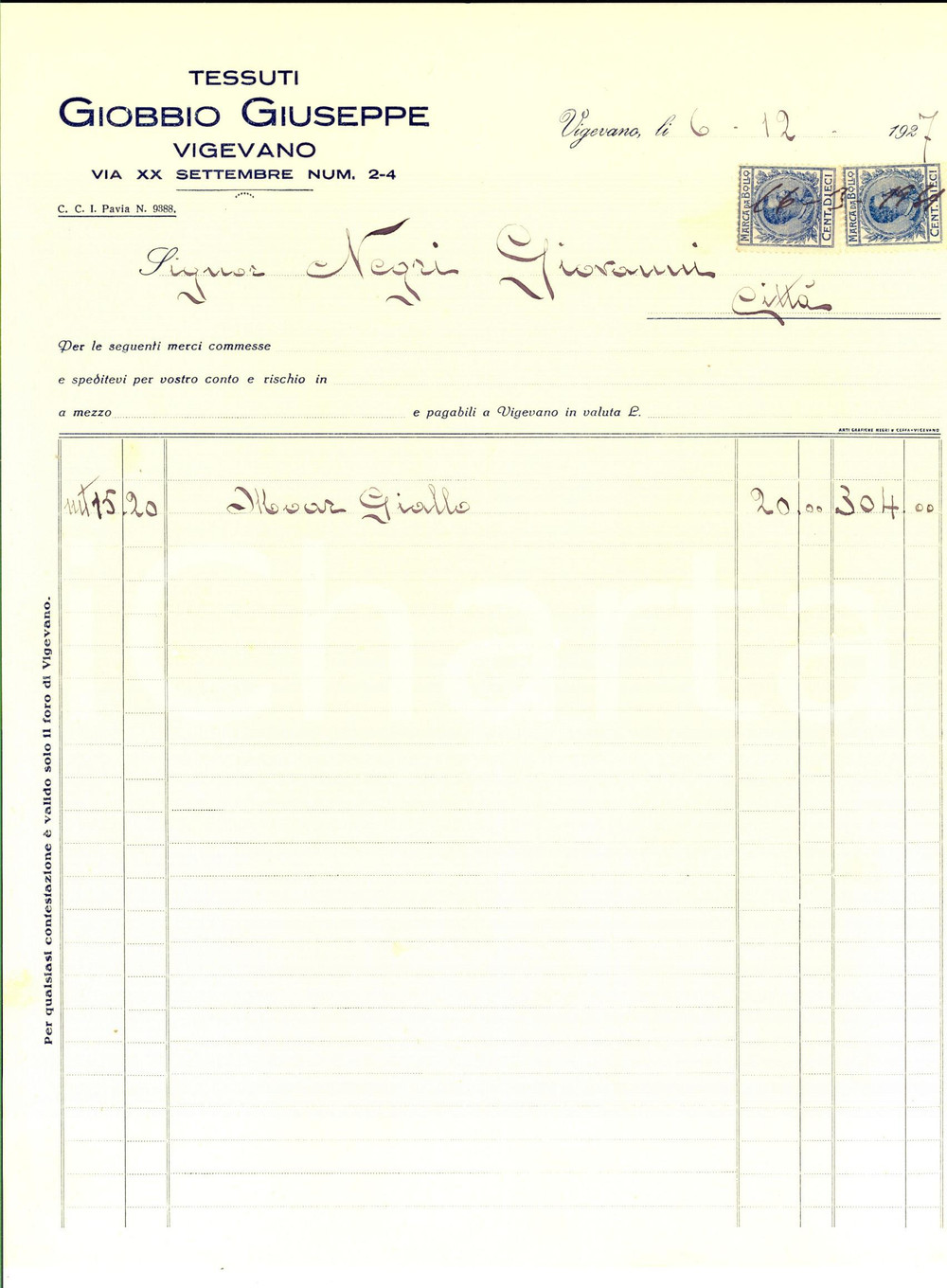 Documento originale, autentico 1927 VIGEVANO PV Tessuti GIOBBIO Giuseppe Fattura intestata manoscritta 1