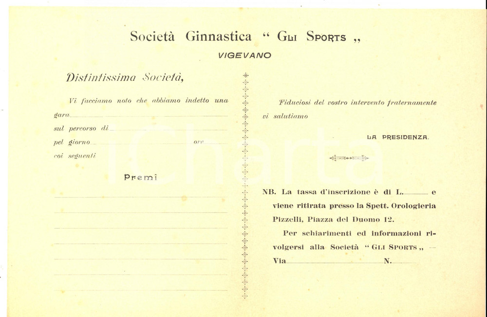 Documento originale, autentico 1920 ca VIGEVANO SocietÃ  Ginnastica GLI SPORTS Modello VUOTO per una gara 1