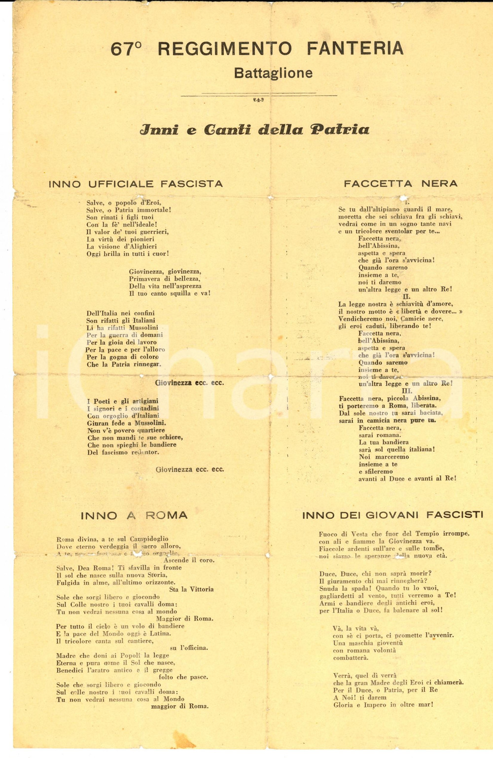 Documento originale, autentico 1940 ca FASCISMO 67Â° REGGIMENTO FANTERIA Inni e canti della patria Volantino 1
