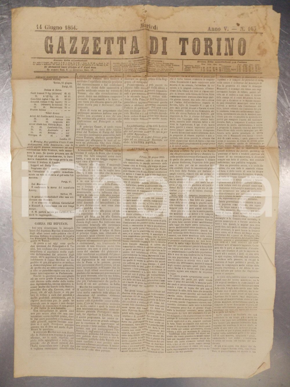 Giornale, rivista storica 1864 GAZZETTA DI TORINO Antonio MORDINI e la reggenza di Tunisi Anno V nÂ° 163 1