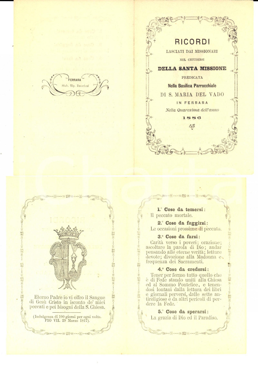 Oggetto da collezione cartaceo 1886 FERRARA Santa Maria del Vado  Ricordi dei missionari per la Quaresima 1