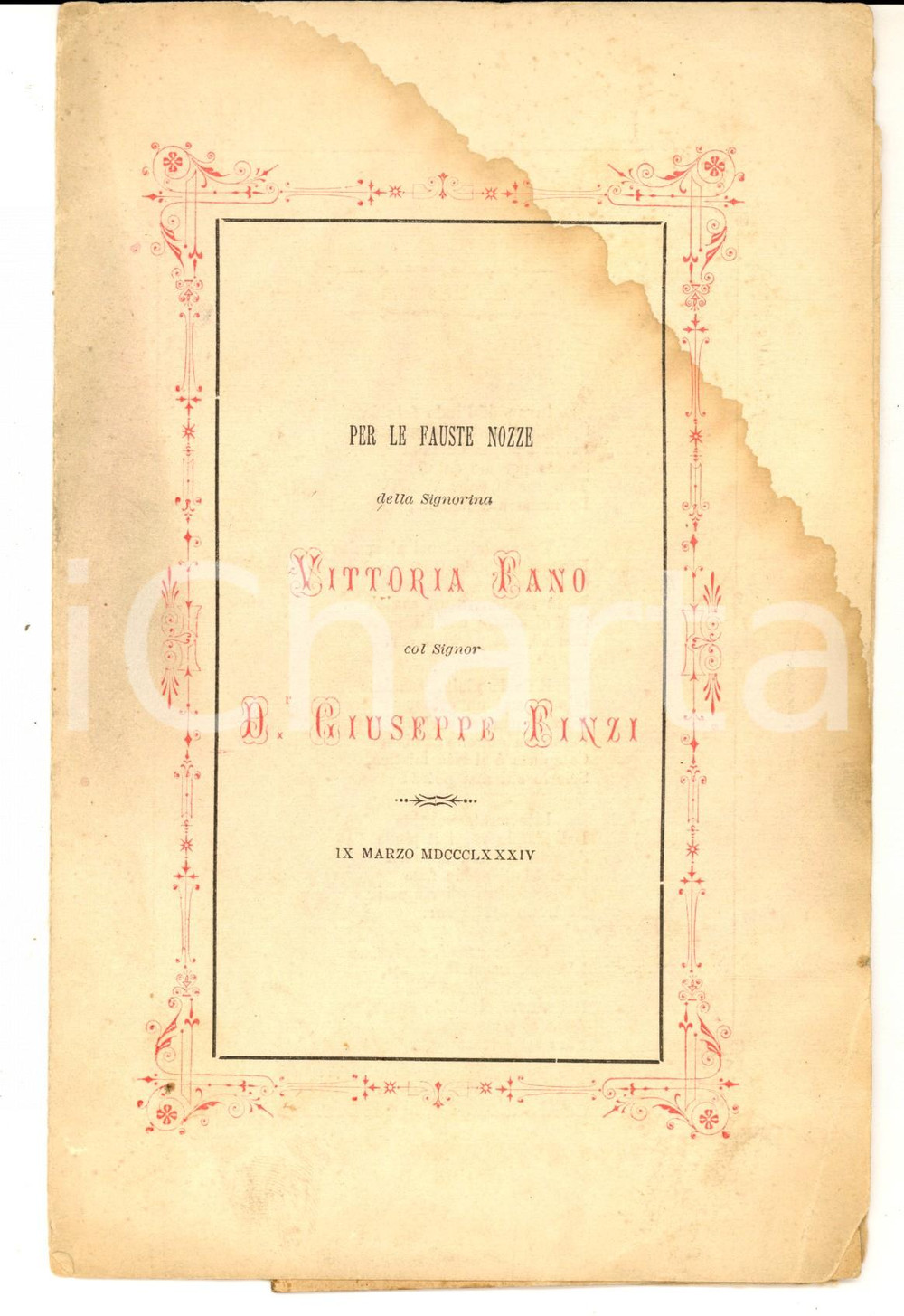 Documento originale, autentico 1884 Ode per nozze Giuseppe FINZI cancelliere   Vittoria FANO DANNEGGIATO 1