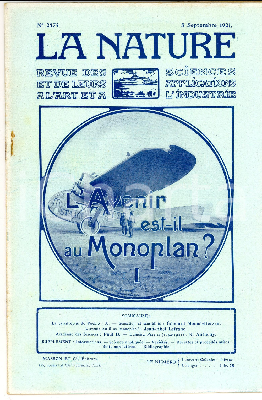 Giornale, rivista storica 1921 LA NATURE L avenir estil au monoplan? Revue ILLUSTREE SCIENCE nÂ° 2474 1
