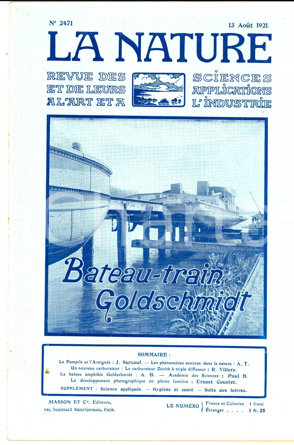 Giornale, rivista storica 1921 LA NATURE Le bateautrain Goldschmidt Revue ILLUSTREE SCIENCE nÂ° 2471 1