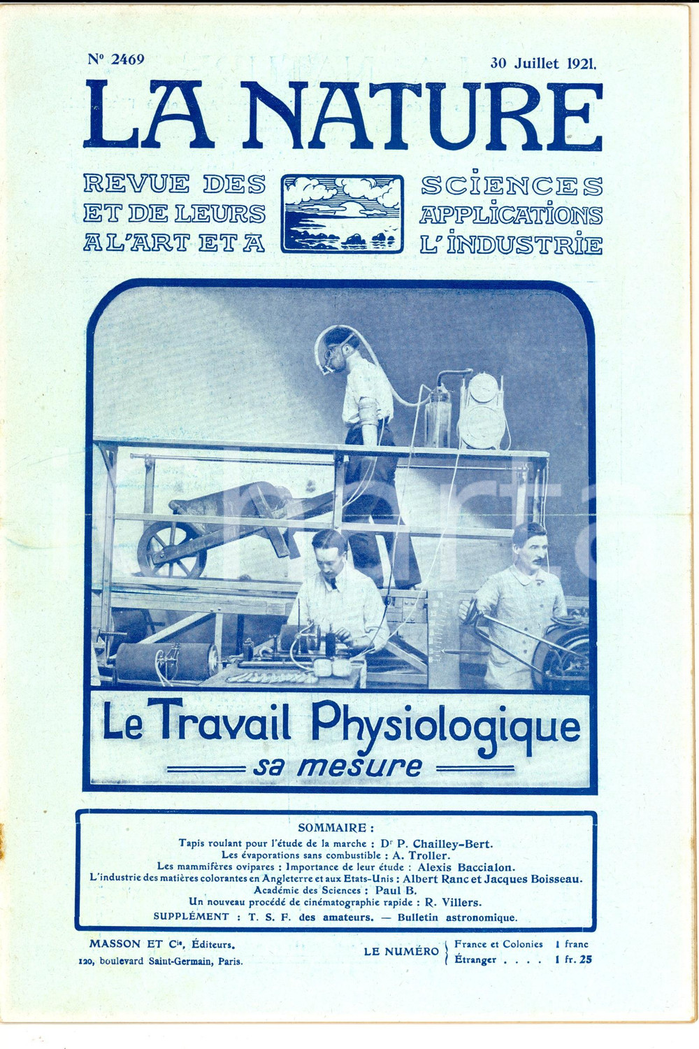 Giornale, rivista storica 1921 LA NATURE Le travail physiologique: sa mesure Revue ILLUSTREE nÂ° 2469 1