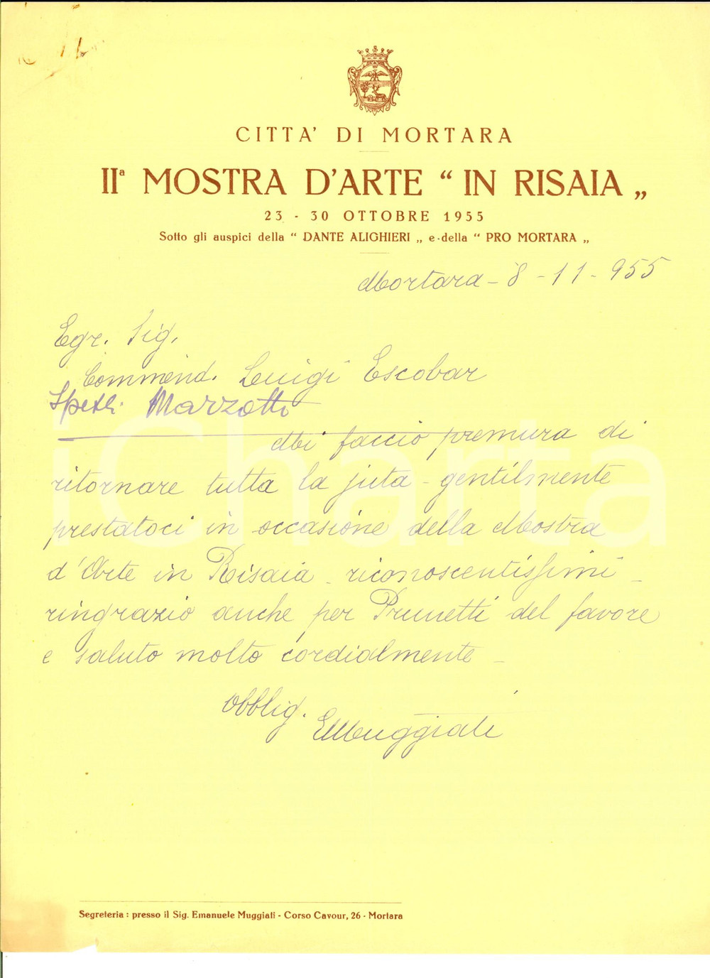 Manoscritto, lettera originale 1955 MORTARA Lettera E. MUGGIATI per sacchi juta II Mostra d arte IN RISAIA 1