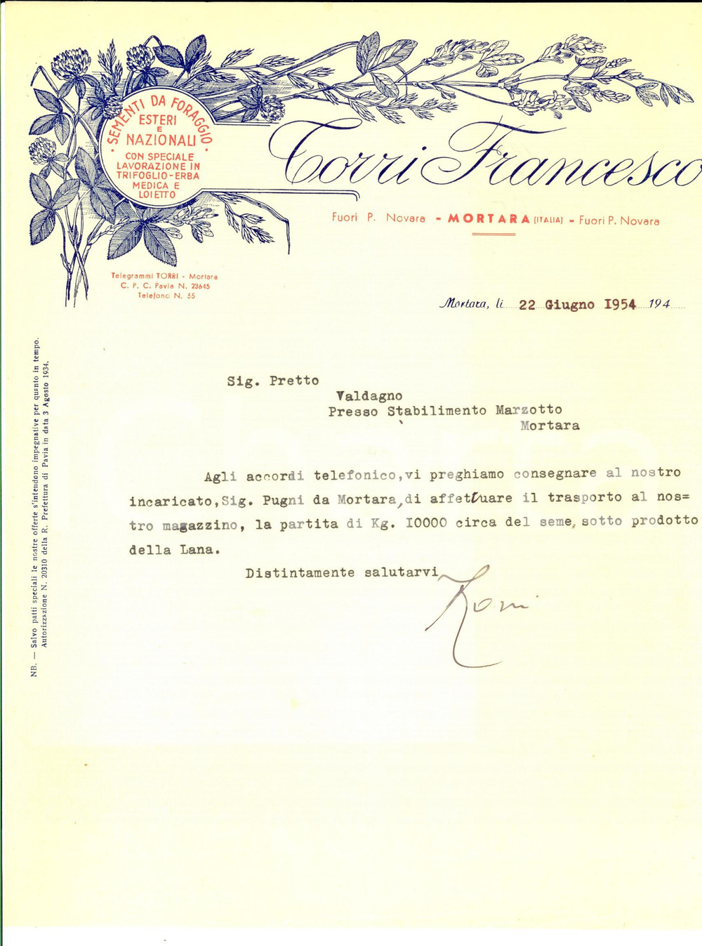 Documento originale, autentico 1954 MORTARA PV Ditta Francesco TORRI Sementi da foraggio Lettera commerciale 1