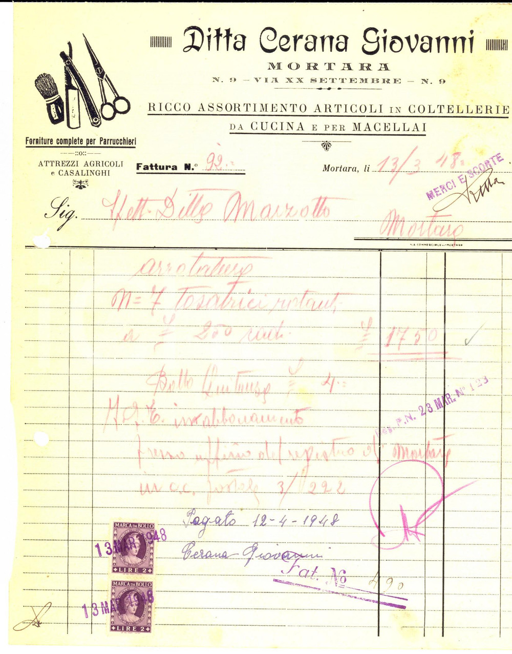 Documento originale, autentico 1948 MORTARA PV Ditta Giovanni CERANA coltellerie da cucina Fattura 1