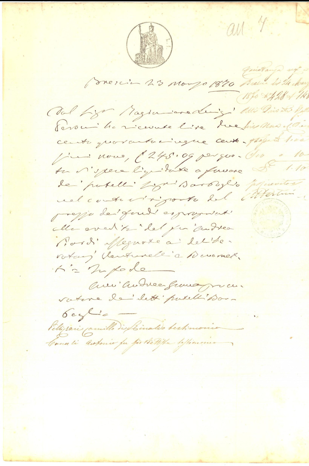 Documento originale, autentico 1870 BRESCIA Luigi PERONI salda prezzo feudi espropriati a eredi Andrea PIARDI 1