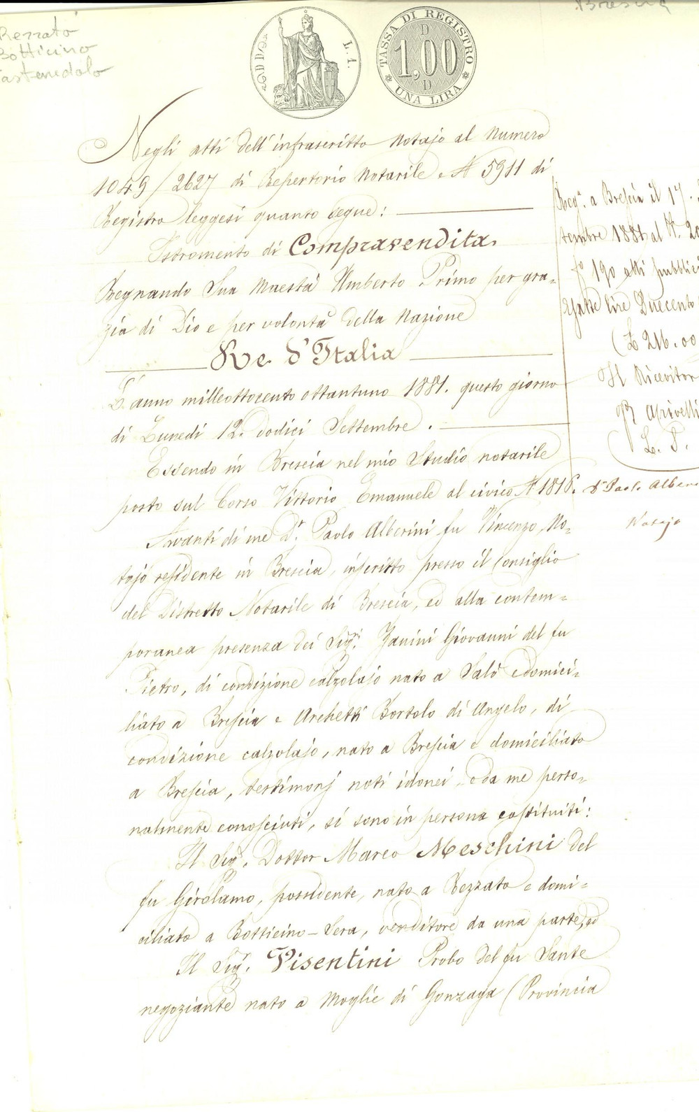 Documento originale, autentico 1881 CASTENEDOLO BS Marco MESCHINI vende casa a Probo VISENTINI Manoscritto 1